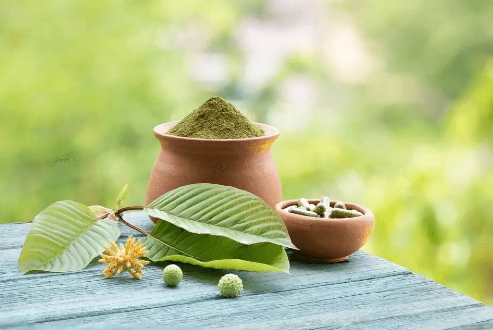 Kratom prášek, který je v nádobě a kratomové tablety